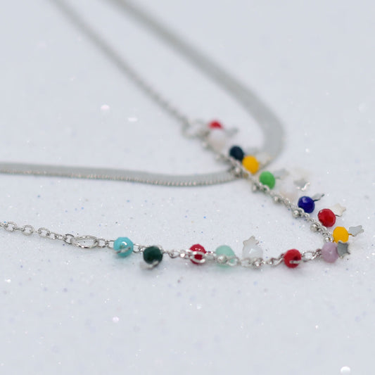 Silver Double Chain multicolor stone Necklace