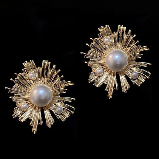 Metal-Sunflower-Pearl-Clip-Earrings1