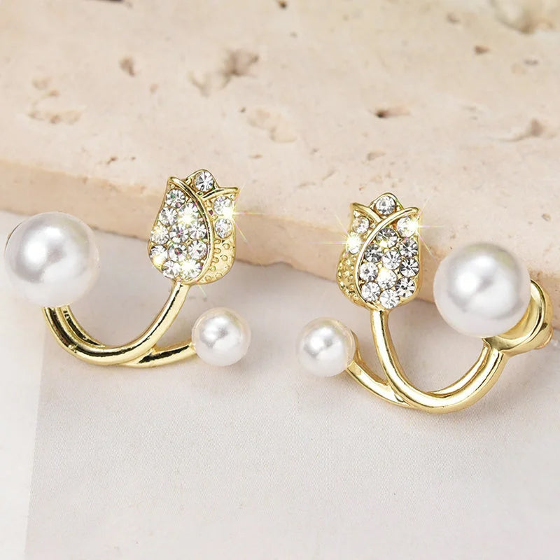 Rhinestone Flower Pearl Earring Girls Exquisite Jewelry