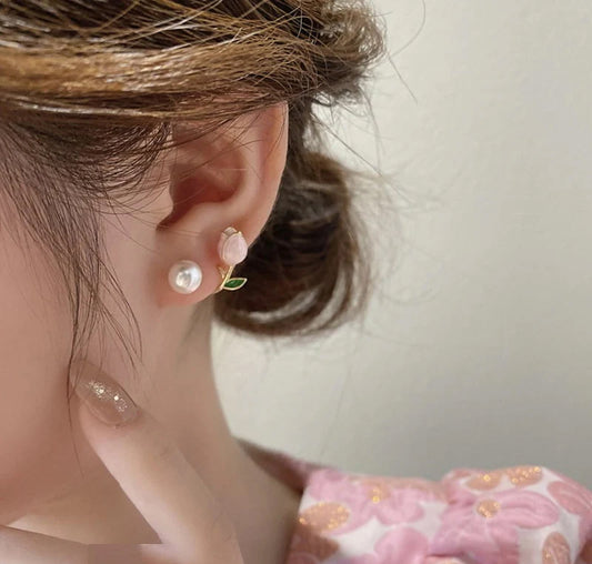 French-Light-Luxury-Pink-Tulip-Flower-Pearl-Stud-Earrings