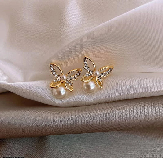 Rhinestone Butterfly Faux Pearl Drop Earrings