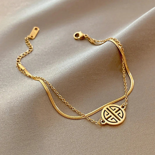 Vintage Yellow Gold Color Double Chain Fortunate Bracelet