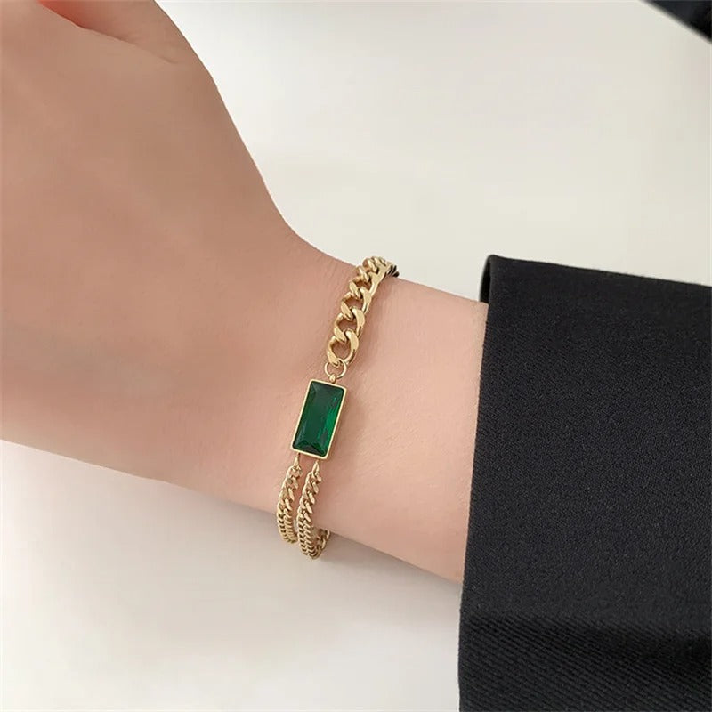 Stainless Steel Rectangle Green Zircon Thick Link Chain Bracelet3