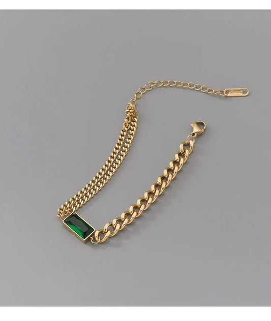 Stainless Steel Rectangle Green Zircon Thick Link Chain Bracelet2