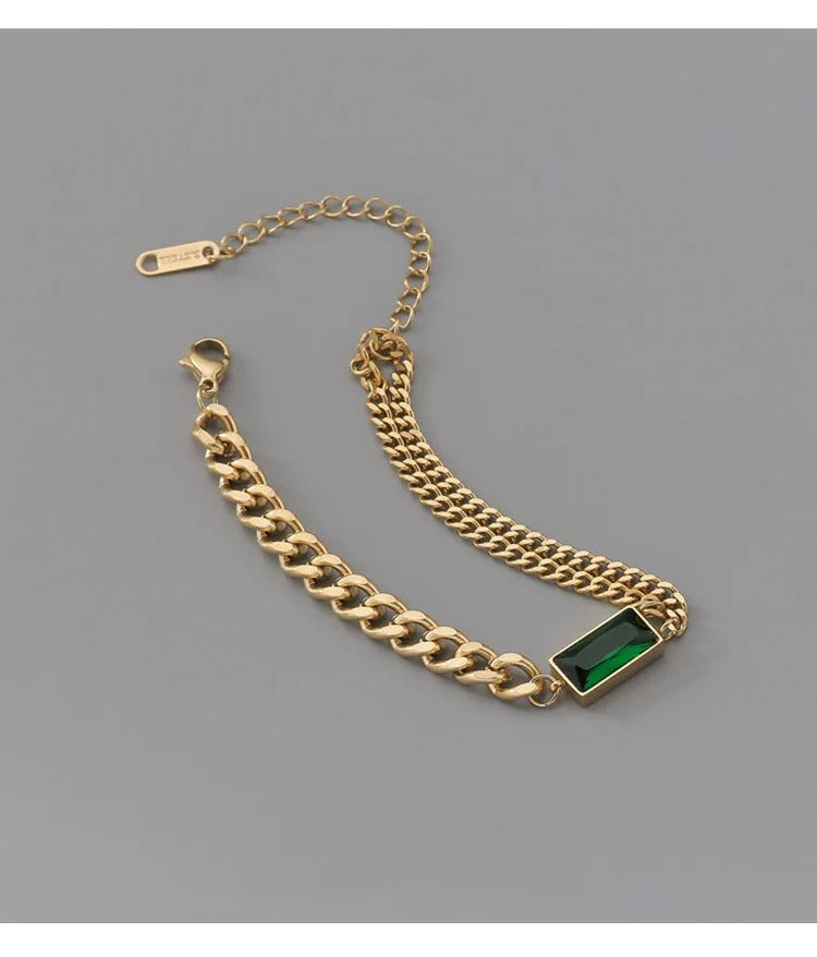 Stainless Steel Rectangle Green Zircon Thick Link Chain Bracelet54