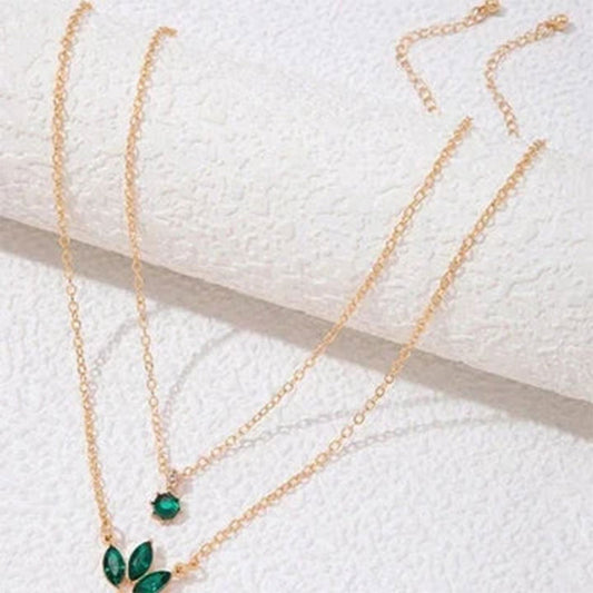 Green Brick Inlaid Leaf Multi layered Necklace